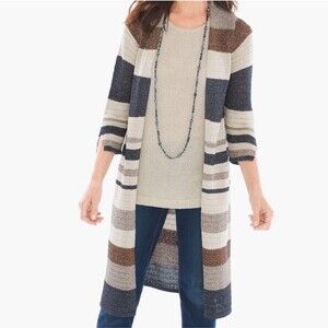 Chico’s Georgia Duster Metallic Shine Thread Knee Length Cardigan Women Size 1